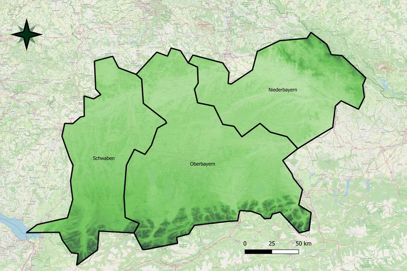 Untersuchungsgebiet Foodshed München. Klick führt zu Großansicht in neuem Fenster.