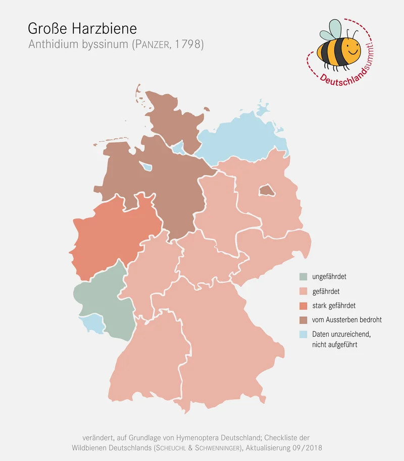 Verbreitungskarte der Großen Harzbiene. Klick führt zu Großansicht.