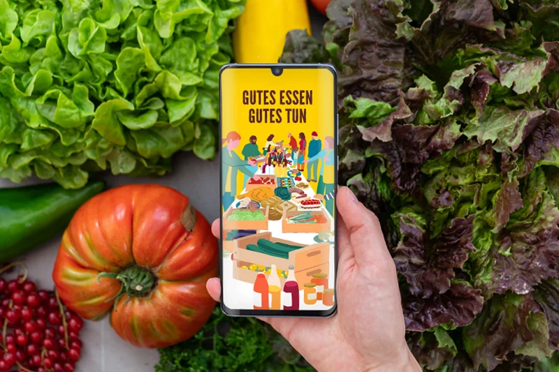 Handy mit Marktschwärmer-App über Salatgehalten. Klick führt zu Großansicht im neuen Fenster.