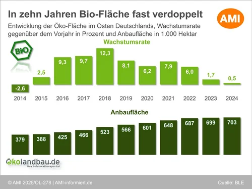 Die Abbildung zeigt die Entwicklung der Öko-Fläche im Osten Deutschlands der letzten 10 Jahre. Klick führt zu Großansicht in einem neuen Fenster, schließen per ESC.