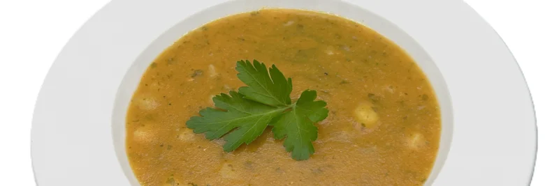 Türkische Linsensuppe mit frischer Petersilie auf einem hellen Keramikteller.