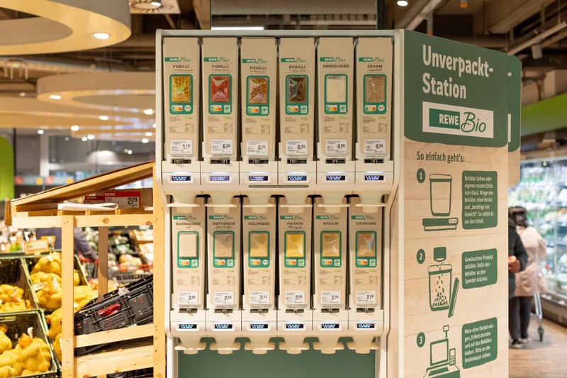 Unverpackt-Station mit Bio-Trockenprodukten zum Selbstabfüllen in einem Rewe-Markt. Klick führt zu Großansicht.
