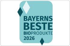 Ein blaues Rechteck mit der Inschrift "Bayerns Beste Bioprodukte 2026". Klick führt zu Großansicht.