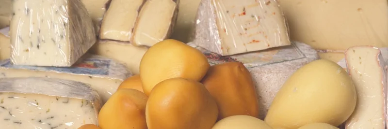 Verschiedene Käse in einer Auslage.