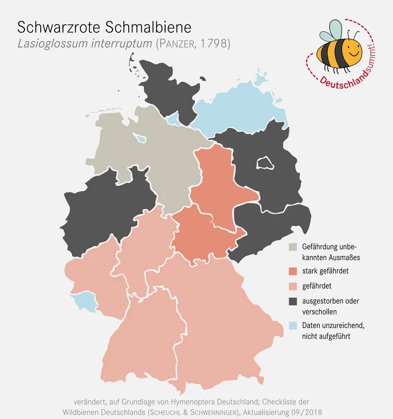 Verbreitungskarte der Schwarzrote Schmalbiene. Klick führt zu Großansicht im neuen Fenster.