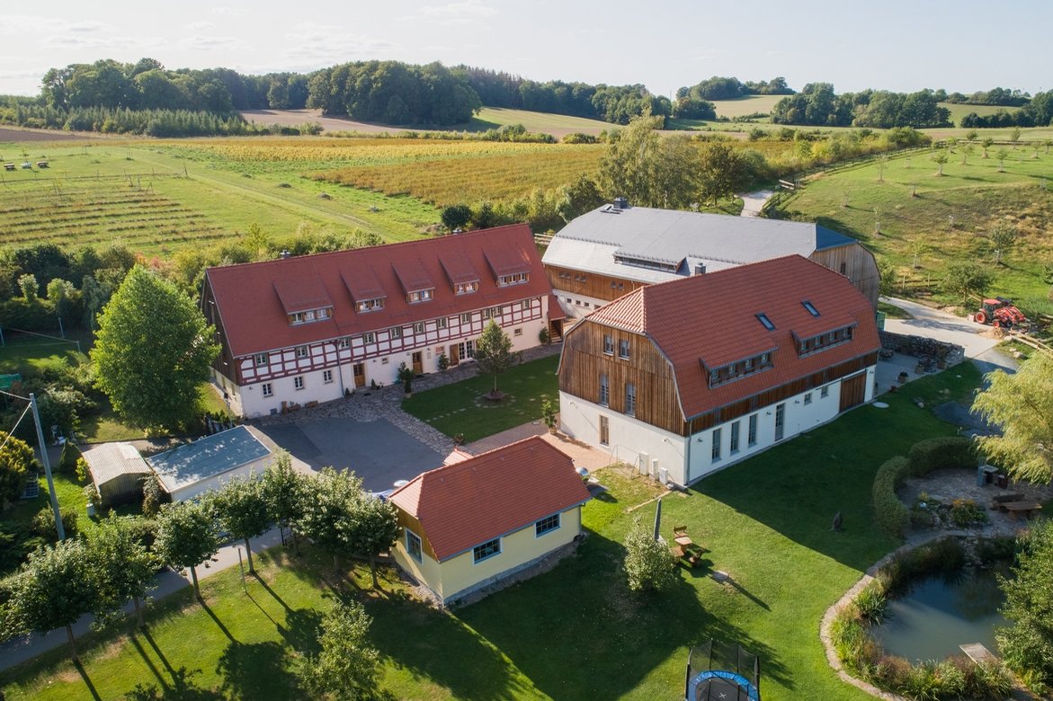Blick auf einen landwirtschaftlichen Betrieb von oben. Klick führt zu Großansicht.