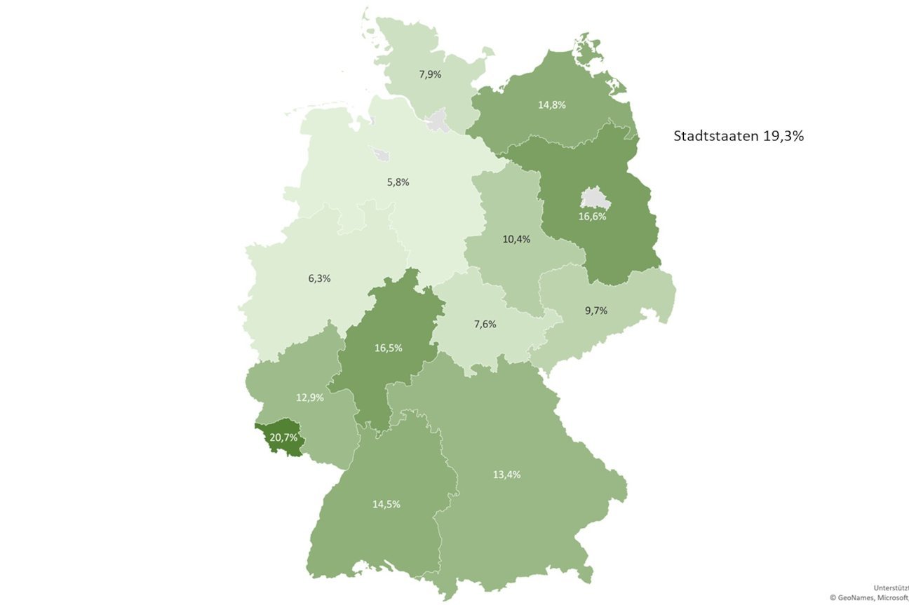 Landkarte Deutschland mit den Prozentzahlen der ökologisch bewirtschafteten Fläche nach Ländern