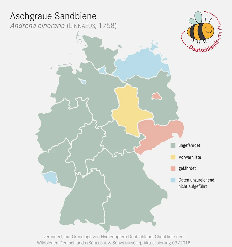 Verbreitungskarte Aschgraue Sandbiene. Klick führt zu Großansicht in neuem Fenster.