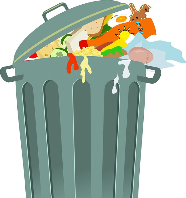 Zeichnung: Mülltonne mit Lebensmittelabfällen. Foto: Pixabay. Klick führt zu Großansicht in neuem Fenster.