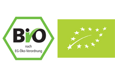 Bio-Siegel und EU-Bio-Logo. Klick führt zu Großansicht in neuem Fenster.