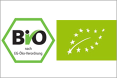 Bio-Siegel (sechseckig) und EU-Bio-Logo (Euro-Blatt).