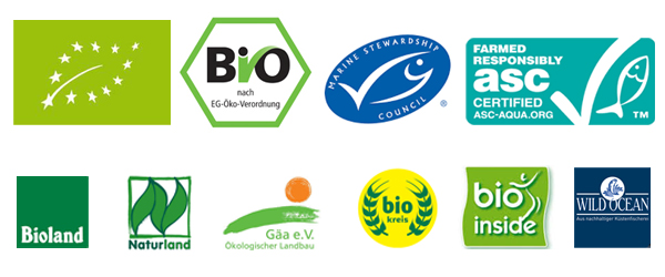 EU-Bio-Logo, Bio-Siegel, MSC- und ASC-Siegel sowie verschiedene LOgos von Bioanbauverbänden