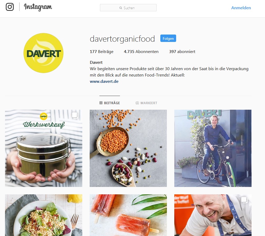 Instagram Seite von Davert. Klick führt zu Großansicht im neuen Fenster.
