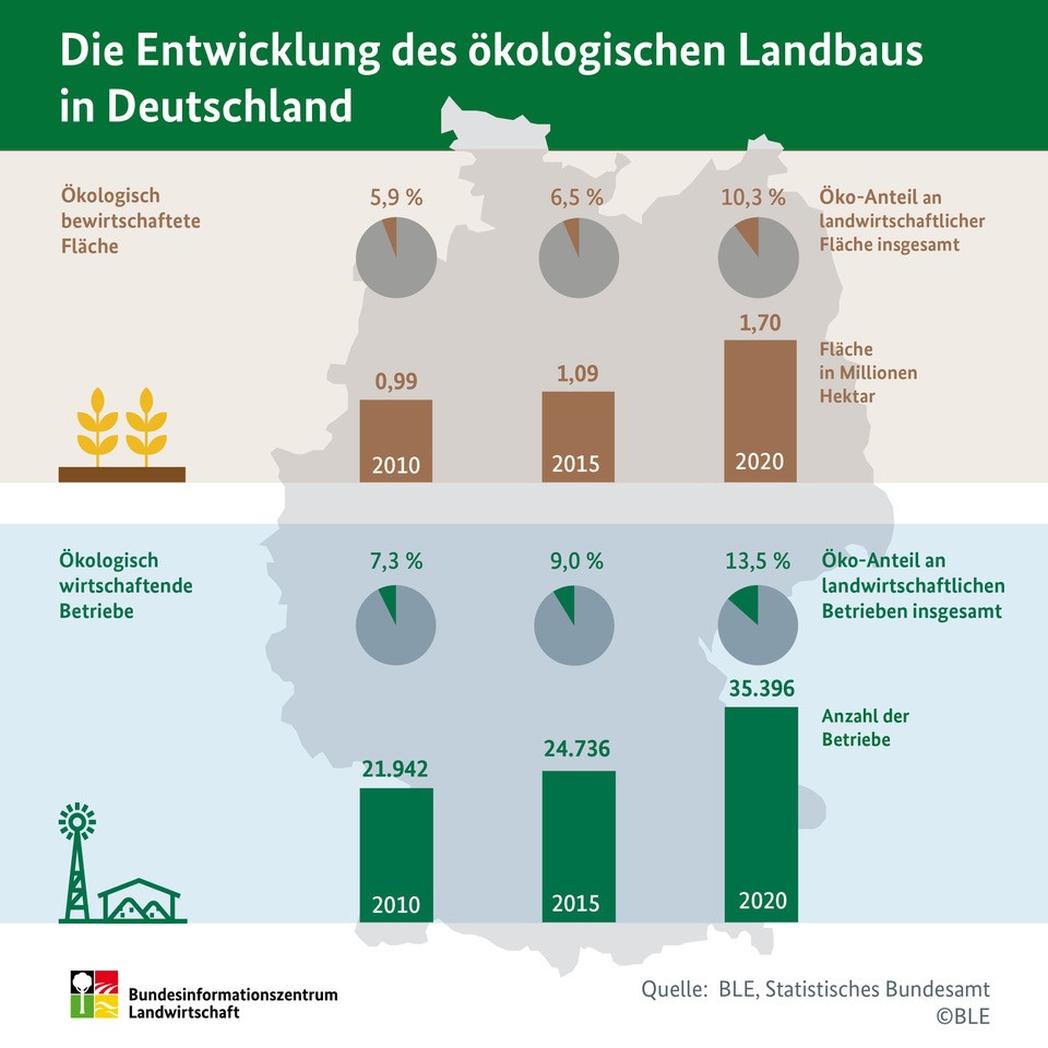 Infografik zur Entwicklung der Öko-Fläche in Deutschland. Klick führt zu Großansicht in neuem Fenster.