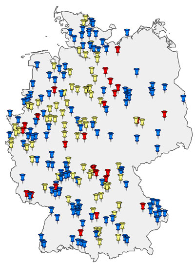Deutschlandkarte mit Markierungen für Kompostierungsanlagen. Klick führt zur Homepage von EIP-Kompost.