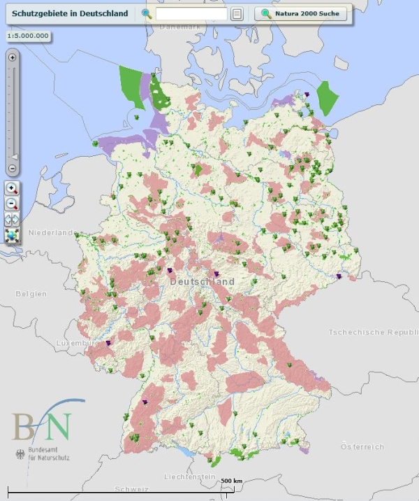 Screenshot der Online-Karten mit den Schutzgebieten Deutschlands. Klick führt zu Großansicht im neuen Fenser.